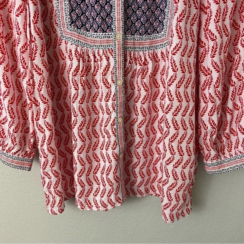 Loft Boho Leaf Bib Blouse Flowy Cottagecore Peasant Feminine Sz S